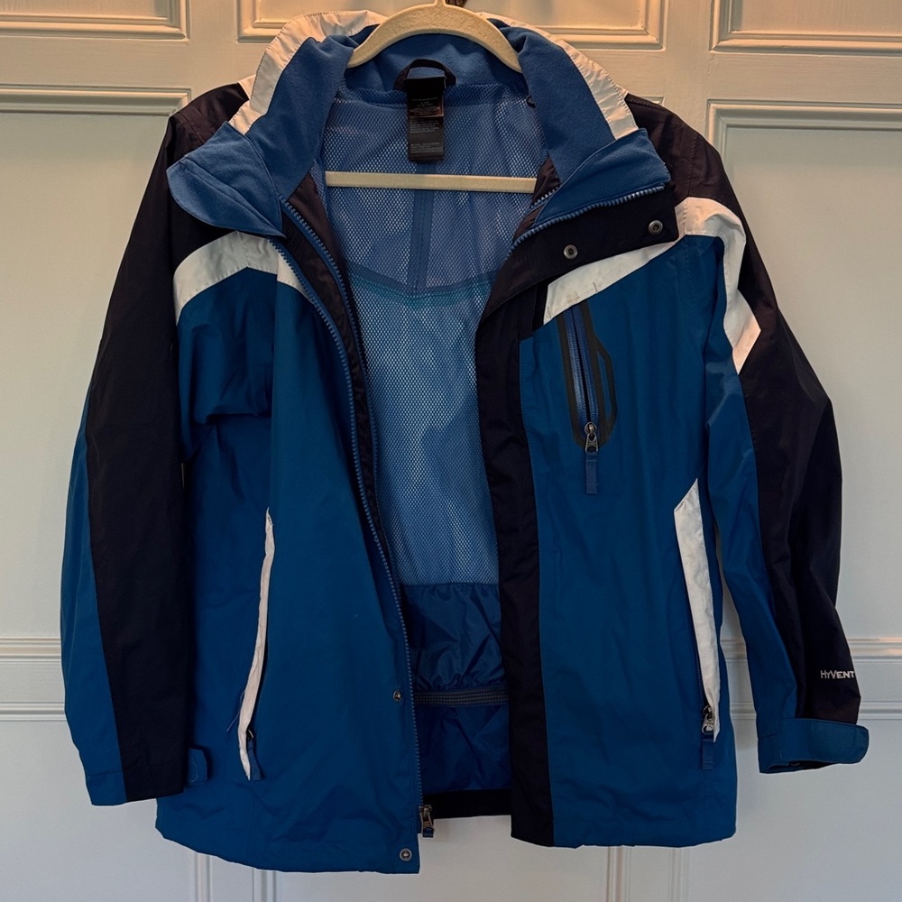 North face Blue and White Hooded Jacket size 14/16 boys